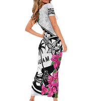 Guam Chamorro Short Sleeve Bodycon Dress Bougainvillea White Polynesian Tribal Pattern
