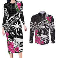 Guam Chamorro Couples Matching Long Sleeve Bodycon Dress and Long Sleeve Button Shirt Bougainvillea Black Polynesian Tribal Pattern LT05 Black - Polynesian Pride