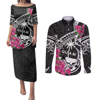 Guam Chamorro Couples Matching Puletasi and Long Sleeve Button Shirt Bougainvillea Black Polynesian Tribal Pattern LT05 Black - Polynesian Pride