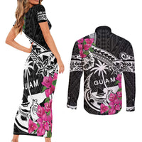 Guam Chamorro Couples Matching Short Sleeve Bodycon Dress and Long Sleeve Button Shirt Bougainvillea Black Polynesian Tribal Pattern LT05 - Polynesian Pride