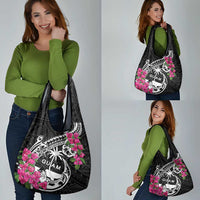 Guam Chamorro Grocery Bag Bougainvillea Black Polynesian Tribal Pattern LT05 - Polynesian Pride