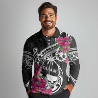 Guam Chamorro Long Sleeve Polo Shirt Bougainvillea Black Polynesian Tribal Pattern LT05 - Polynesian Pride