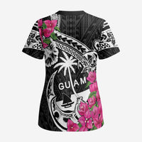 Guam Chamorro Scrub Top Bougainvillea Black Polynesian Tribal Pattern LT05 - Polynesian Pride