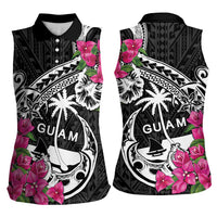 Guam Chamorro Women Sleeveless Polo Shirt Bougainvillea Black Polynesian Tribal Pattern LT05 - Polynesian Pride