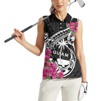 Guam Chamorro Women Sleeveless Polo Shirt Bougainvillea Black Polynesian Tribal Pattern LT05 - Polynesian Pride
