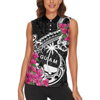 Guam Chamorro Women Sleeveless Polo Shirt Bougainvillea Black Polynesian Tribal Pattern LT05 - Polynesian Pride