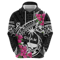 Guam Chamorro Zip Hoodie Bougainvillea Black Polynesian Tribal Pattern