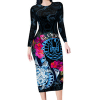 Tahiti Ia Orana Family Matching Long Sleeve Bodycon Dress and Hawaiian Shirt Polynesian Turtle With Coat Of Arms LT05 Mom's Dress Blue - Polynesian Pride