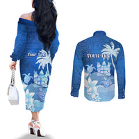 Personalised Bula Fiji Couples Matching Off The Shoulder Long Sleeve Dress and Long Sleeve Button Shirt Fijian Masi Pattern With Blue Coat Of Arms LT05 - Polynesian Pride