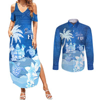 Personalised Bula Fiji Couples Matching Summer Maxi Dress and Long Sleeve Button Shirt Fijian Masi Pattern With Blue Coat Of Arms LT05 Blue - Polynesian Pride