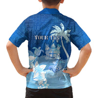 Personalised Bula Fiji Family Matching Long Sleeve Bodycon Dress and Hawaiian Shirt Fijian Masi Pattern With Blue Coat Of Arms LT05 - Polynesian Pride