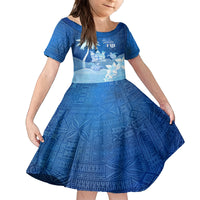 Personalised Bula Fiji Family Matching Long Sleeve Bodycon Dress and Hawaiian Shirt Fijian Masi Pattern With Blue Coat Of Arms LT05 Daughter's Dress Blue - Polynesian Pride