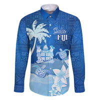 Personalised Bula Fiji Family Matching Long Sleeve Bodycon Dress and Hawaiian Shirt Fijian Masi Pattern With Blue Coat Of Arms LT05 Dad's Shirt - Long Sleeve Blue - Polynesian Pride
