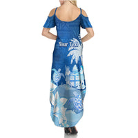 Personalised Bula Fiji Family Matching Summer Maxi Dress and Hawaiian Shirt Fijian Masi Pattern With Blue Coat Of Arms LT05 - Polynesian Pride