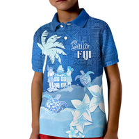 Personalised Bula Fiji Kid Polo Shirt Fijian Masi Pattern With Blue Coat Of Arms LT05 Kid Blue - Polynesian Pride