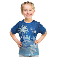 Personalised Bula Fiji Kid T Shirt Fijian Masi Pattern With Blue Coat Of Arms LT05 Blue - Polynesian Pride