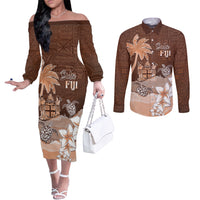 Personalised Bula Fiji Couples Matching Off The Shoulder Long Sleeve Dress and Long Sleeve Button Shirt Fijian Masi Pattern With Brown Coat Of Arms LT05 Brown - Polynesian Pride