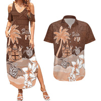 Personalised Bula Fiji Couples Matching Summer Maxi Dress and Hawaiian Shirt Fijian Masi Pattern With Brown Coat Of Arms LT05 Brown - Polynesian Pride