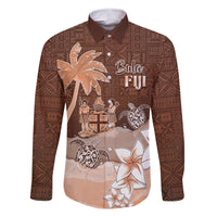 Personalised Bula Fiji Family Matching Long Sleeve Bodycon Dress and Hawaiian Shirt Fijian Masi Pattern With Brown Coat Of Arms LT05 Dad's Shirt - Long Sleeve Brown - Polynesian Pride