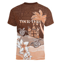 Personalised Bula Fiji Women V Neck T Shirt Fijian Masi Pattern With Brown Coat Of Arms LT05 - Polynesian Pride