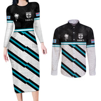 Custom Fiji Rugby Couples Matching Long Sleeve Bodycon Dress and Long Sleeve Button Shirt Fijian 7s With Tapa Pattern LT05 White - Polynesian Pride