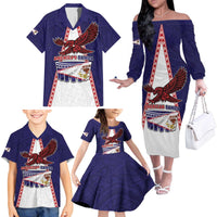 Personalised American Samoa Flag Day Family Matching Off The Shoulder Long Sleeve Dress and Hawaiian Shirt Flag Style
