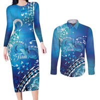 Polynesia Autism Awareness Couples Matching Long Sleeve Bodycon Dress and Long Sleeve Button Shirt Be In Awe Of My 'Tism LT05 Blue - Polynesian Pride