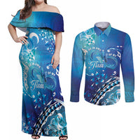 Polynesia Autism Awareness Couples Matching Off Shoulder Maxi Dress and Long Sleeve Button Shirt Be In Awe Of My 'Tism LT05 Blue - Polynesian Pride