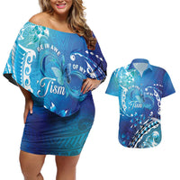Polynesia Autism Awareness Couples Matching Off Shoulder Short Dress and Hawaiian Shirt Be In Awe Of My 'Tism LT05 Blue - Polynesian Pride