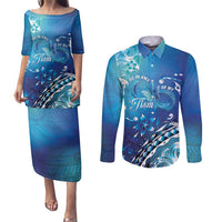 Polynesia Autism Awareness Couples Matching Puletasi and Long Sleeve Button Shirt Be In Awe Of My 'Tism LT05 Blue - Polynesian Pride