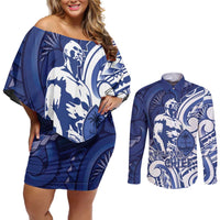 Guam Chief Kepuha Couples Matching Off Shoulder Short Dress and Long Sleeve Button Shirt Chamorro Pride
