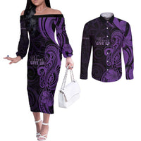 Personalised Lupus Warrior Couples Matching Off The Shoulder Long Sleeve Dress and Long Sleeve Button Shirt Never Give Up Polynesian Style LT05 Purple - Polynesian Pride