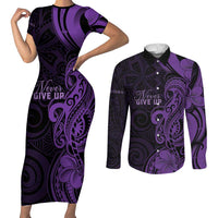 Personalised Lupus Warrior Couples Matching Short Sleeve Bodycon Dress and Long Sleeve Button Shirt Never Give Up Polynesian Style LT05 Purple - Polynesian Pride