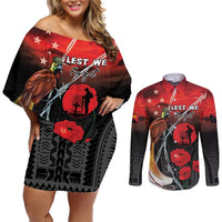 Papua New Guinea Remembrance Day Couples Matching Off Shoulder Short Dress and Long Sleeve Button Shirt Lest We Forget LT05 Red - Polynesian Pride