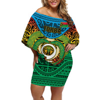 Personalized Vanuatu Torba Province Off Shoulder Short Dress Vanuatuan Coat Of Arms Polynesian Pattern LT05 Women Green - Polynesian Pride