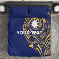 Personalised Nauru Angam Day Bedding Set Gold Navy Tribal Pattern