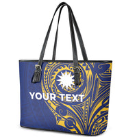 Personalised Nauru Angam Day Leather Tote Bag Gold Navy Tribal Pattern