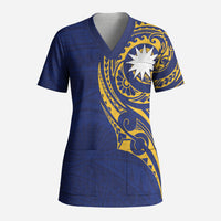 Personalised Nauru Angam Day Scrub Top Gold Navy Tribal Pattern