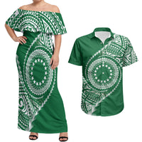 Cook Islands Gospel Day Couples Matching Off Shoulder Maxi Dress and Hawaiian Shirt Green Tribal Curves