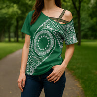 Cook Islands Gospel Day Cross Shoulder Shirt Green Tribal Curves LT05 - Polynesian Pride