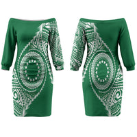 Cook Islands Gospel Day Family Matching Off The Shoulder Long Sleeve Dress and Hawaiian Shirt Green Tribal Curves