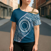 Cook Islands Gospel Day Cross Shoulder Shirt Blue Tribal Curves