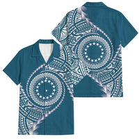 Cook Islands Gospel Day Family Matching Off Shoulder Short Dress and Hawaiian Shirt Blue Tribal Curves