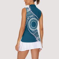 Cook Islands Gospel Day Women Sleeveless Polo Shirt Blue Tribal Curves
