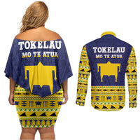 Tokelau Christmas Couples Matching Off Shoulder Short Dress and Long Sleeve Button Shirt Tokelauan Turtle Santa Sleigh