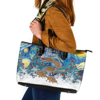 New Zealand Christmas Leather Tote Bag Kiwis Santa Sleigh Starry Night Style LT05 Blue - Polynesian Pride