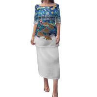 New Zealand Christmas Puletasi Kiwis Santa Sleigh Starry Night Style LT05 Long Dress Blue - Polynesian Pride