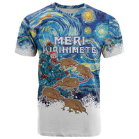 New Zealand Christmas T Shirt Kiwis Santa Sleigh Starry Night Style LT05 Blue - Polynesian Pride