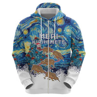 New Zealand Christmas Zip Hoodie Kiwis Santa Sleigh Starry Night Style