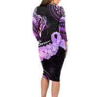 Pancreatic Cancer Awareness Long Sleeve Bodycon Dress Keep Calm And Fight On Polynesian Pattern LT05 - Polynesian Pride